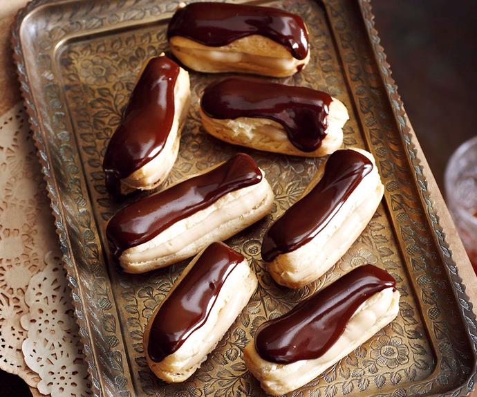 Chocolate and caramel eclairs