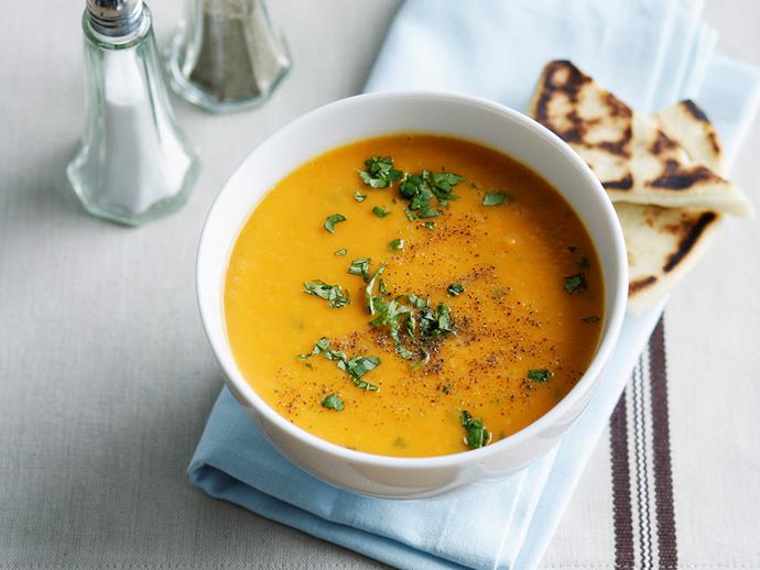[Roast sweet potato, red curry, coriander and coconut soup](https://www.womensweeklyfood.com.au/recipes/roast-sweet-potato-red-curry-coriander-and-coconut-soup-26677|target="_blank")