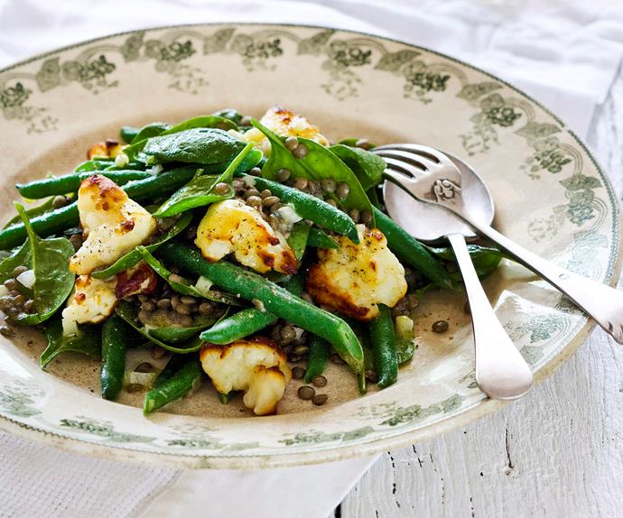 haloumi, green bean, lentil and baby spinach salad
