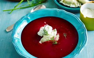 Beetroot soup with lemon and chicken dumplings