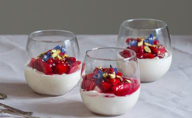 Coconut panna cotta with mulled strawberries