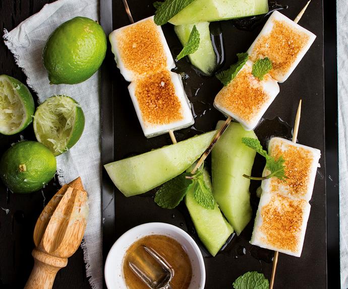 Grilled marshmallow with honeydew melon and clover syrup