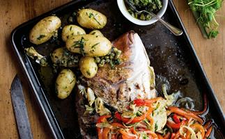 Barbecued whole snapper with peperonata and lil’ perlas