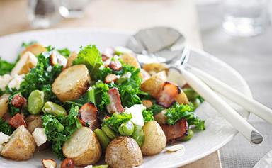 Warm potato and broad bean salad with bacon and feta