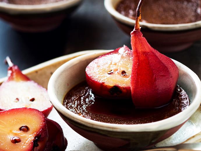**[Hot chocolate custard with red wine pears](https://www.womensweeklyfood.com.au/recipes/hot-chocolate-custard-with-red-wine-pears-26484|target="_blank")**

Leaving the fruit intact will give your presentation a professional edge.