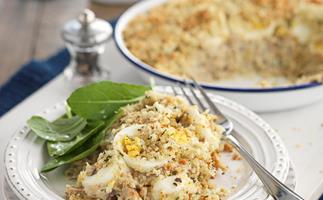 Smoked fish pie with garlic and herb crumbs
