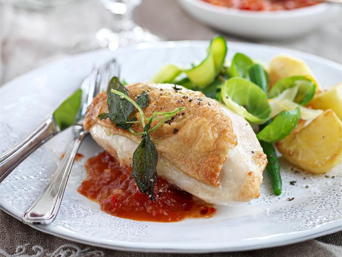 **[Fetta and sage stuffed chicken breast with tomato chilli jam](https://www.womensweeklyfood.com.au/recipes/feta-and-sage-stuffed-chicken-breast-with-tomato-chilli-jam-26844|target="_blank")**

The thoughtfully prepared sides make this simple chicken dish extra special.