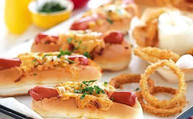 Baked New York style hot dogs with crispy onion rings