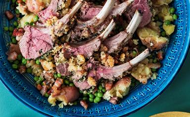 Lamb racks with mint and garlic crust, spuds, peas and pancetta