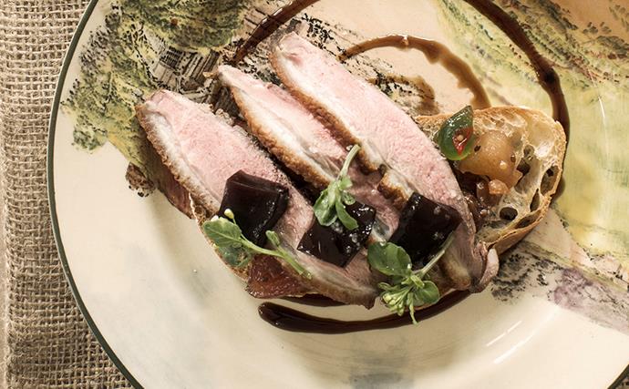 Tea-smoked duck with mustard fruits and balsamic jelly