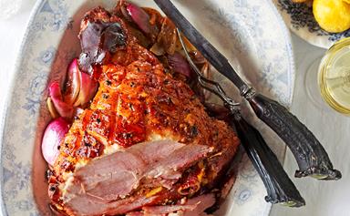 Baked ham with marmalade, mustard and brandy glaze