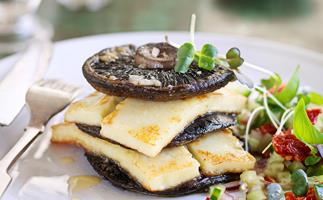Baked field mushroom stack with haloumi and salsa