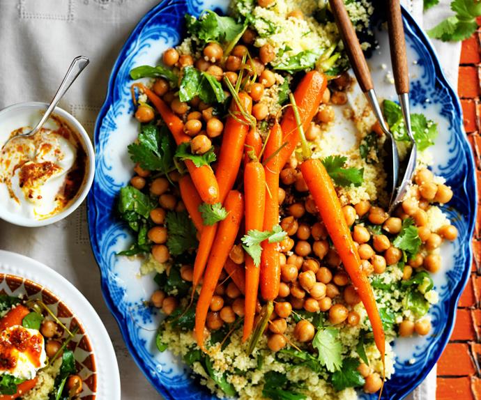 moroccan carrots with chickpeas and spinach couscous