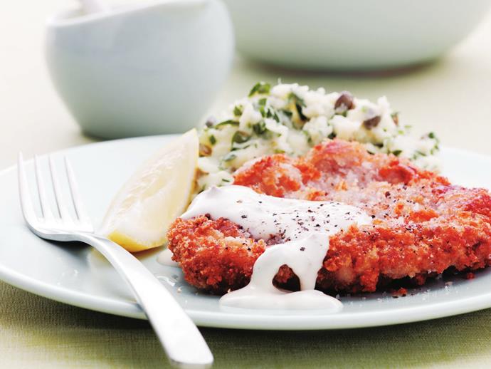 **[Schnitzel with caper herb mash and anchovy mayonnaise](https://www.womensweeklyfood.com.au/recipes/schnitzel-with-caper-herb-mash-and-anchovy-mayonnaise-6281|target="_blank")**