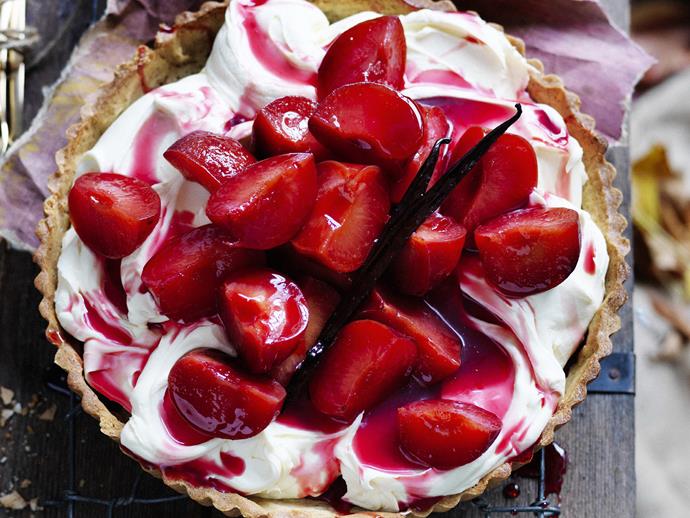 This [plum and mascarpone tart](https://www.womensweeklyfood.com.au/recipes/plum-and-mascarpone-tart-14584|target="_blank") is rich with wine and liqueur and makes a fitting end to a very special dinner.