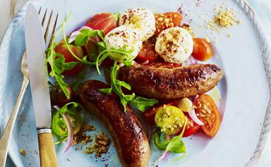Lamb sausages with labne, dukkah and tomato salad