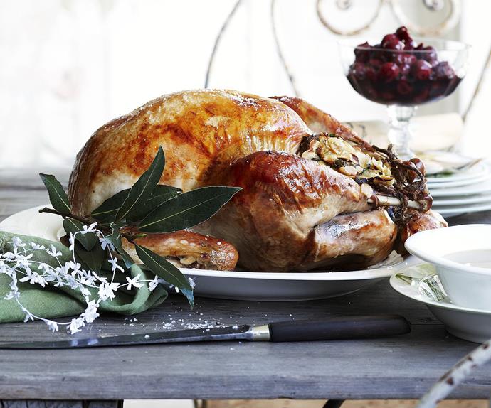 roast turkey with roast almond stuffing and spiced cherries
