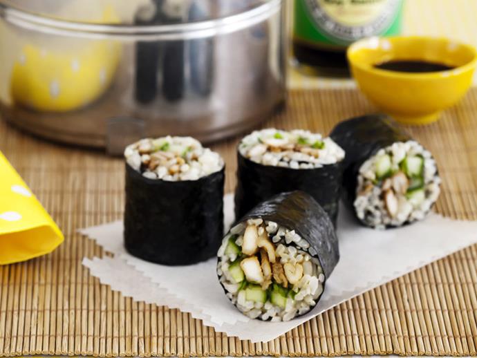 **[Chicken teriyaki brown rice sushi](https://www.womensweeklyfood.com.au/recipes/chicken-teriyaki-brown-rice-sushi-15391|target="_blank")**

There may well be some time investment here, but your efforts will be worth it. These chicken teriyaki brown rice sushi rolls look fabulous and the brown rice filling makes it an extra nutritious snack.