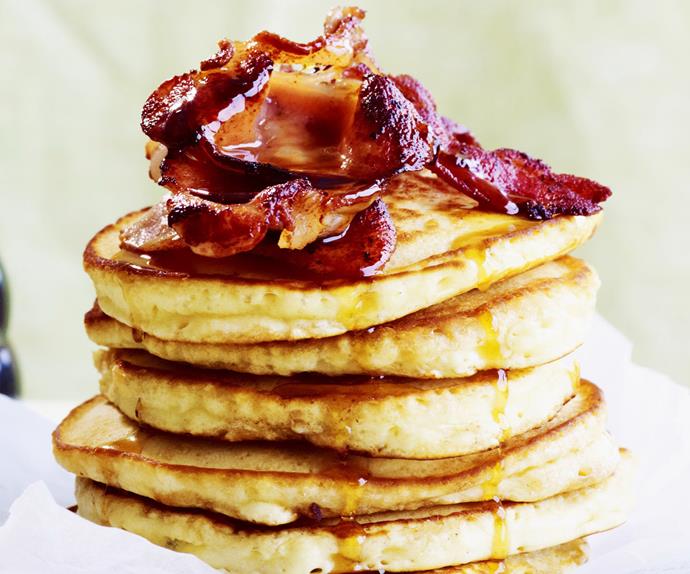 american-style flapjacks with bacon and maple syrup