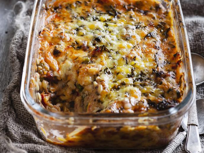 Creamy, cheesy and deeply comforting, this [chicken and risoni pasta bake](https://www.womensweeklyfood.com.au/recipes/chicken-and-risoni-pasta-bake-13462|target="_blank") is a great dish to pull out when you're feeding lots of people.