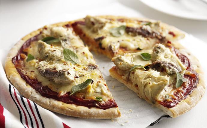 artichoke, anchovy and chilli pizza