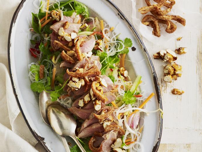**Poached duck and cashew salad with duck crackling**
<br><br>
Poached duck is one thing, the crackling is another. 
<br><br>
[**Read the full recipe here**](https://www.womensweeklyfood.com.au/recipes/poached-duck-and-cashew-salad-with-duck-crackling-5538|target="_blank"|rel="nofollow")