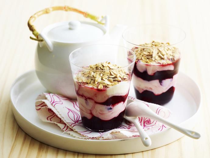 Topped with crunchy toasted oats, these layered yoghurt and [cherry parfaits](https://www.womensweeklyfood.com.au/recipes/cherry-parfait-15450|target="_blank") are a quick, delicious and healthy dessert. You can add a handful of slivered almonds to the toasted oats for extra crunch if you like.