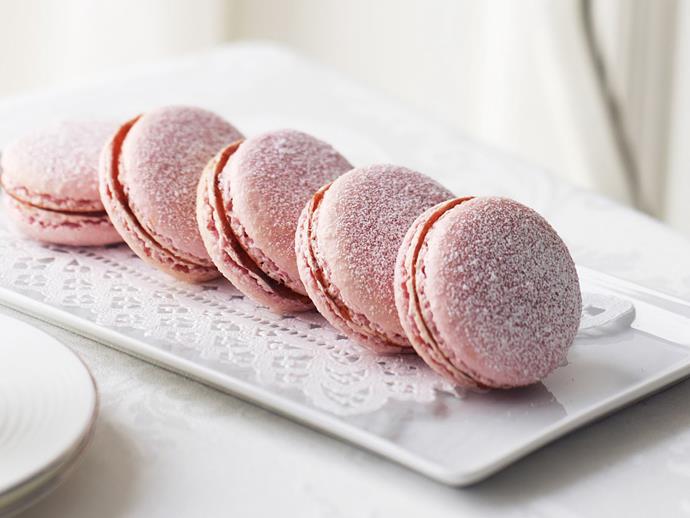 A light touch is required to make these [strawberry french macarons](https://www.womensweeklyfood.com.au/recipes/strawberry-french-macarons-13136|target="_blank"). Don't be tempted to use more strawberry puree than required or you will alter the texture of the batter. Trust us, the result is worth it.