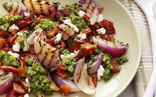 barbecued red onion, capsicum & goat's cheese with mint chimichurri