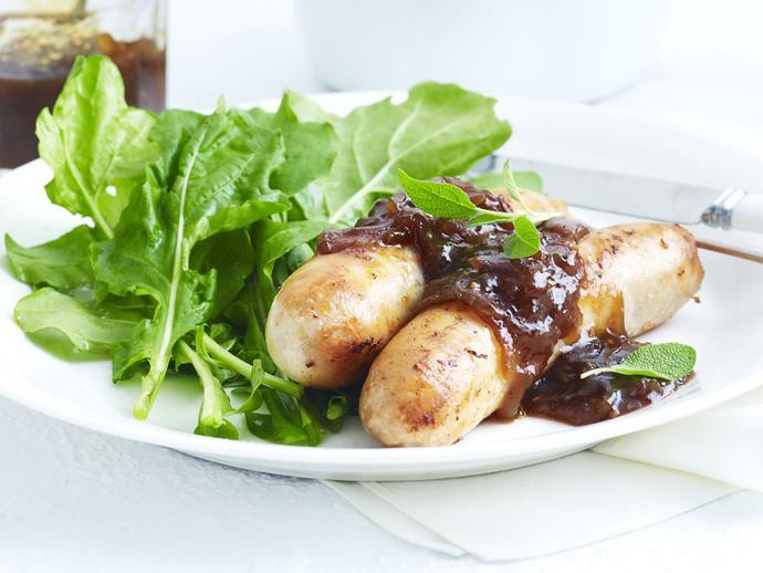 **[Chicken sausages with sage and onion gravy](https://www.womensweeklyfood.com.au/recipes/chicken-sausages-with-sage-and-onion-gravy-12556|target="_blank")**