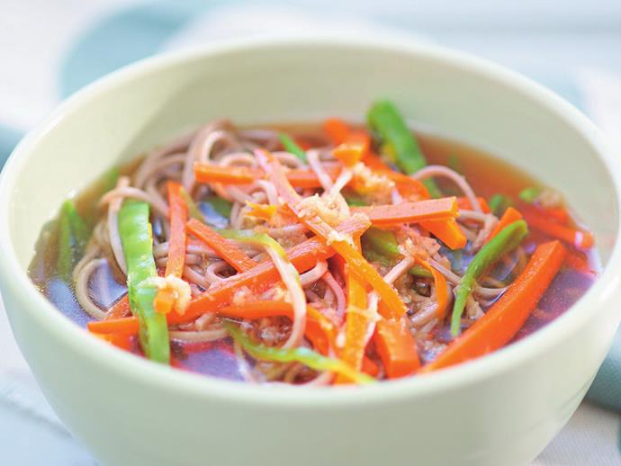 If you fancy a cleansing broth, look no further than this [ginger and vegetable soba soup](https://www.womensweeklyfood.com.au/recipes/ginger-vegetable-and-soba-soup-12189|target="_blank"). Soba is a Japanese noodle, similar in appearance to spaghetti, made from buckwheat.
