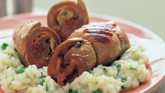 veal braciole with rice and peas