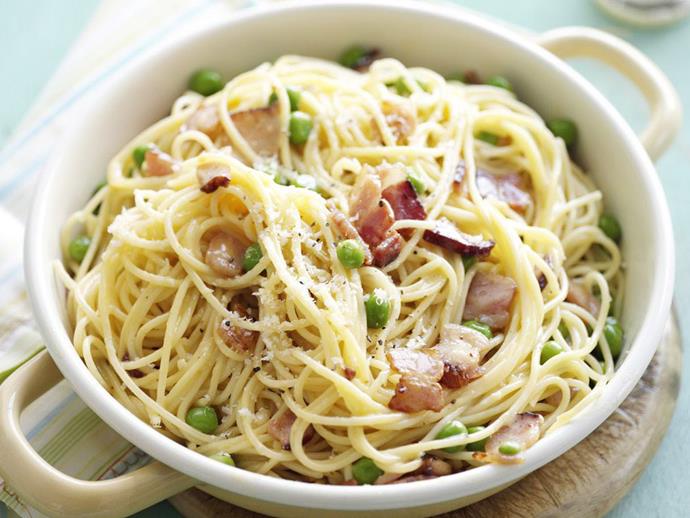 **[Spaghetti carbonara with peas](https://www.womensweeklyfood.com.au/recipes/spaghetti-carbonara-with-peas-4967|target="_blank")**

This traditional creamy pasta dish is only made better by the addition of frozen peas.