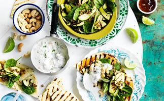 flatbreads with spinach, lentil and zucchini salad