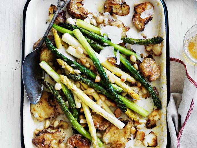 **[Roasted asparagus and smashed potatoes](https://www.womensweeklyfood.com.au/recipes/roasted-asparagus-and-smashed-potatoes-4734|target="_blank")**