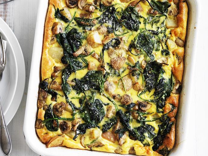 This [terrific tortilla](https://www.womensweeklyfood.com.au/recipes/mushroom-potato-and-spinach-tortilla-4748|target="_blank") combines potato, spinach and mushroom for a tantalisingly soft and fluffy interior that's as satisfying as it is tasty.