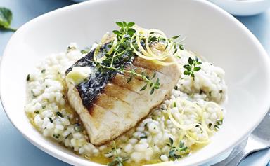 Oven-baked fish with lemon & mint risotto