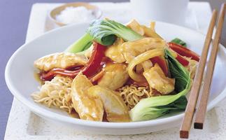 Chicken stir-fry on noodle cakes