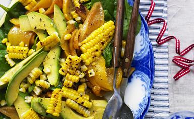 Barbecued corn, spinach and avocado salad