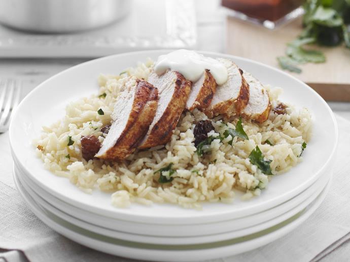 **[Grilled paprika chicken with raisin pilaf](https://www.womensweeklyfood.com.au/recipes/grilled-paprika-chicken-with-raisin-pilaf-4156|target="_blank")**