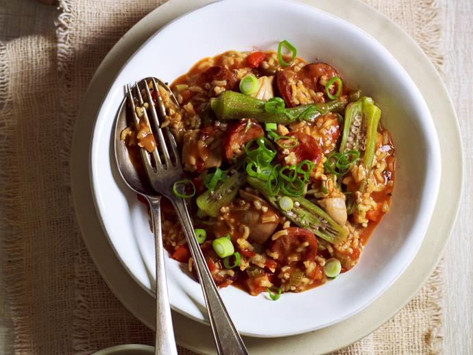 A quick and delicious [chicken, chorizo and okra gumbo](https://www.womensweeklyfood.com.au/recipes/chicken-chorizo-and-okra-gumbo-10021|target="_blank"), a dish that originated in southern Louisiana.
