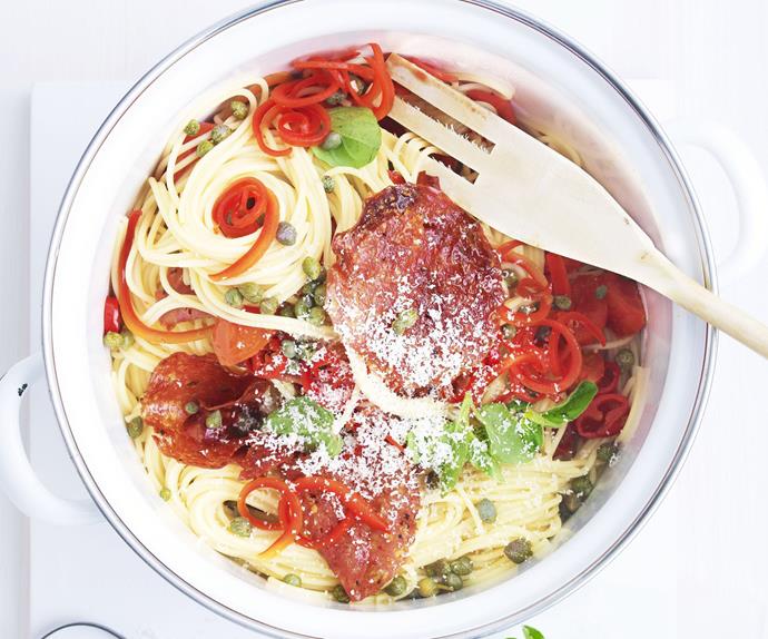 spaghettini with hot salami and tomatoes
