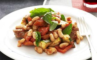 OVEN-BAKED LAMB SAUSAGES, BEANS & TOMATOES