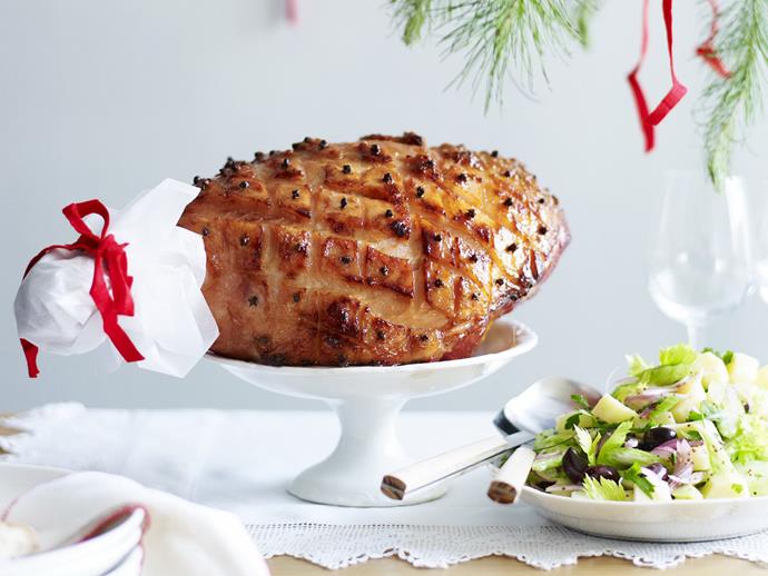 **Bourbon-glazed ham with warm potato and celery salad.**
<br><br>
This bourbon-glazed ham served with a warm potato and celery salad makes the perfect Christmas lunch duo. 
[**Read the full recipe here**](https://www.womensweeklyfood.com.au/recipes/bourbon-glazed-ham-with-warm-potato-and-celery-salad-8953|target="_blank")