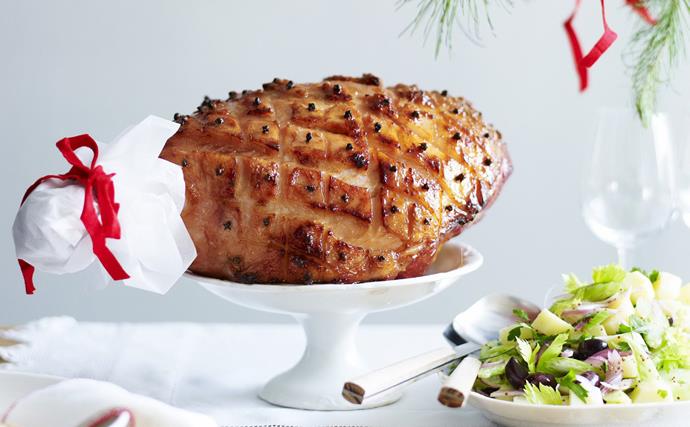 Bourbon-glazed ham with warm potato and celery salad