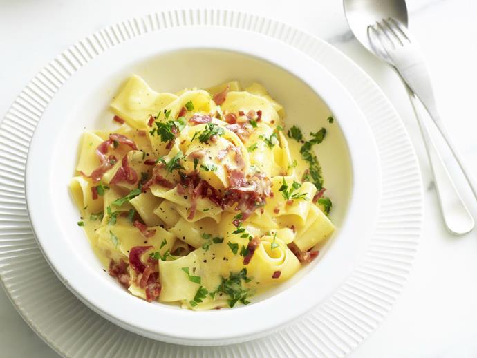 **[Pappardelle carbonara](https://www.womensweeklyfood.com.au/recipes/pappardelle-carbonara-3494|target="_blank")**

Using wide, tender pappardelle means more surface area to carry that delicious, cheesy, prosciutto-packed carbonara sauce right to your watering mouth.
