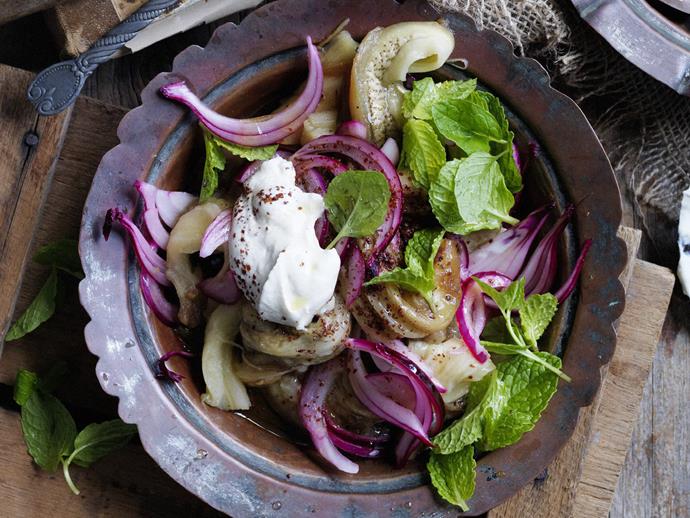 This [smoky eggplant salad with tahini and mint](https://www.womensweeklyfood.com.au/recipes/smoky-eggplant-salad-with-tahini-and-mint-8708|target="_blank") is the perfect side for your Mediterranean menu.