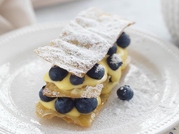 **[Lemon curd and blueberry mille feuille](https://www.womensweeklyfood.com.au/recipes/lemon-curd-and-blueberry-mille-feuille-3580|target="_blank")**

A French pastry of unknown origin whose modern form was influenced by Marie-Antoine Carême.