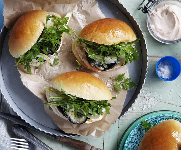 Mushroom sliders with pickled fennel and harissa creme fraiche