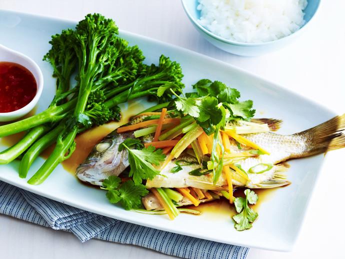 **[Steamed soy chilli fish with greens](https://www.womensweeklyfood.com.au/recipes/steamed-soy-chilli-fish-with-greens-8524|target="_blank")**

Soy and chilli permeate the flesh of this tender, steamed fish served with a pile of greens and sweet chilli sauce.